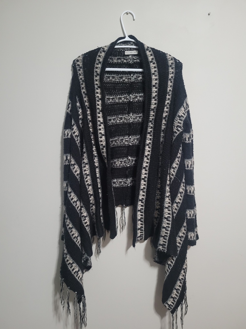 Billabong Black & Cream Striped Open-Front Poncho Sweater Cardigan Medium